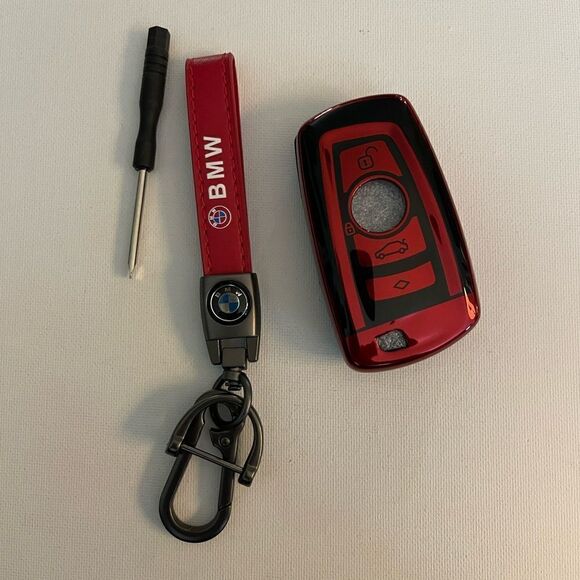 BMW Logo key fob Keychain in Red Leather & Key Fob Cover in black & Red NWT - Picture 7 of 11